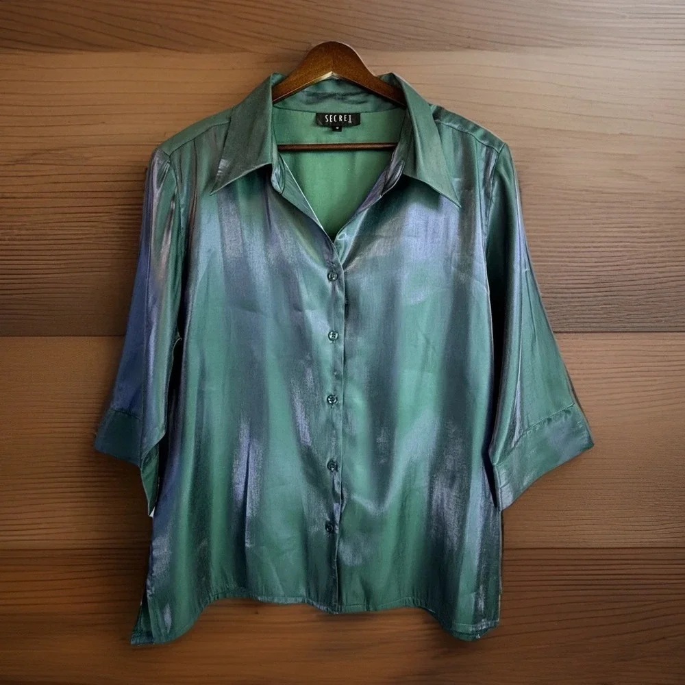 Luminous Silky Blouse XL/18 Teal Green Blue Purple 3/4 Sleeve Collared Statement